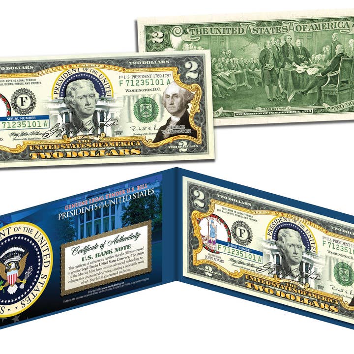 Presidents 1-10 Washington *Presidential Series* Two Dollar Bills Genuine Legal Tender - Choose President - Ships Fast And Free To U.S. for wholesale by The Merrick Mint