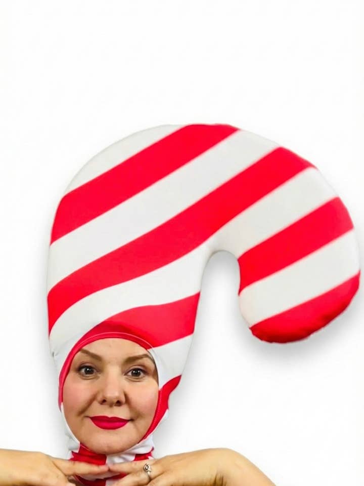 Coiffe en forme de canne en sucre d'orge — bonnet en spandex rayé rouge et blanc, accessoire de costume festif pour les fêtes, couvre‑tête à visage découvert, tissu extensible léger pour la vente par Kikimora Fashion