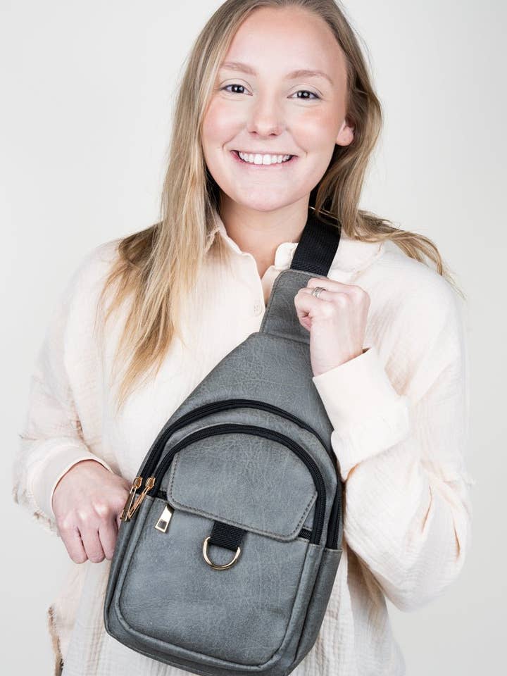NGIL Dark Gray Faux Leather Small Zoey Sling Bag for wholesale by Wholesale Accessory Market