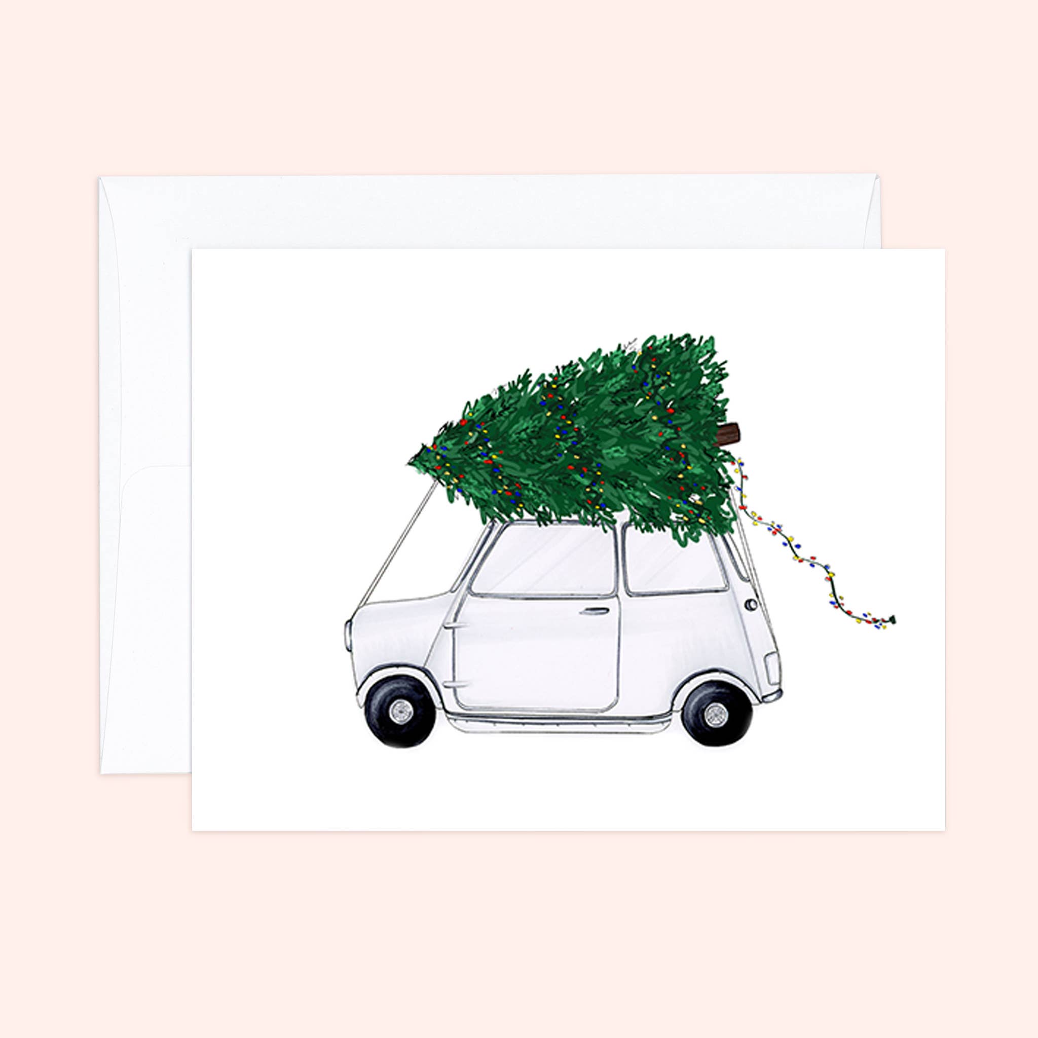 Almeida Illustrations - Vente Cartes de Noël - Mini Cooper + Tree - Carte de vœux pour les fêtes de Noël2