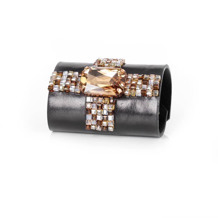 Black Leather Crystal Cuff Bracelet Amber Cross Stone for wholesale by The Dark