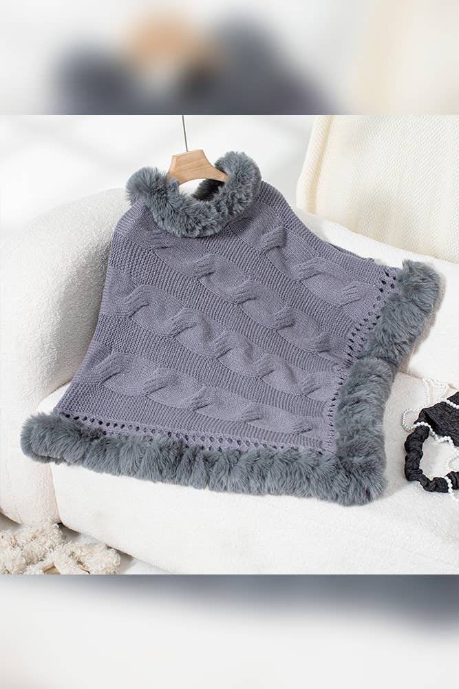 UNISHE - Wholesale Cape - Women's - Faux Fur Collar Chunky Cable Knit Sweater Cape MMY22511