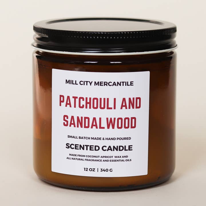 PATCHOULI AND SANDALWOOD CANDLE for wholesale by MILL CITY MERCANTILE