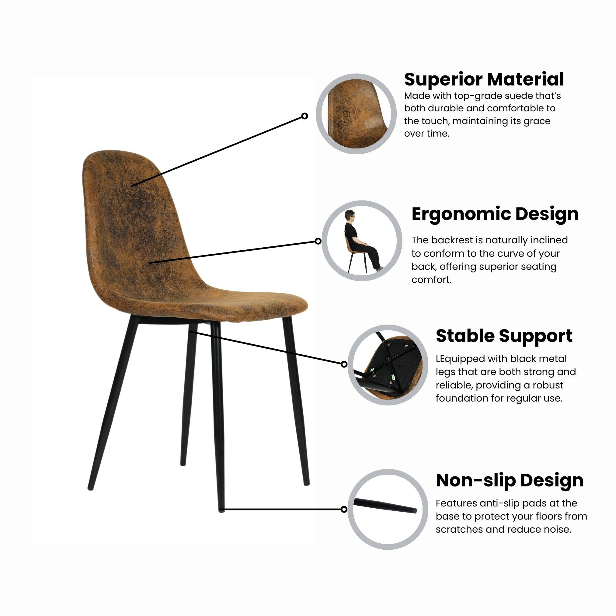 Urban Meuble – wholesale Stol – Set med 4 vintage skandinaviska matstolar i retro brunt mocka CHARLTON SUEDE BROWN18