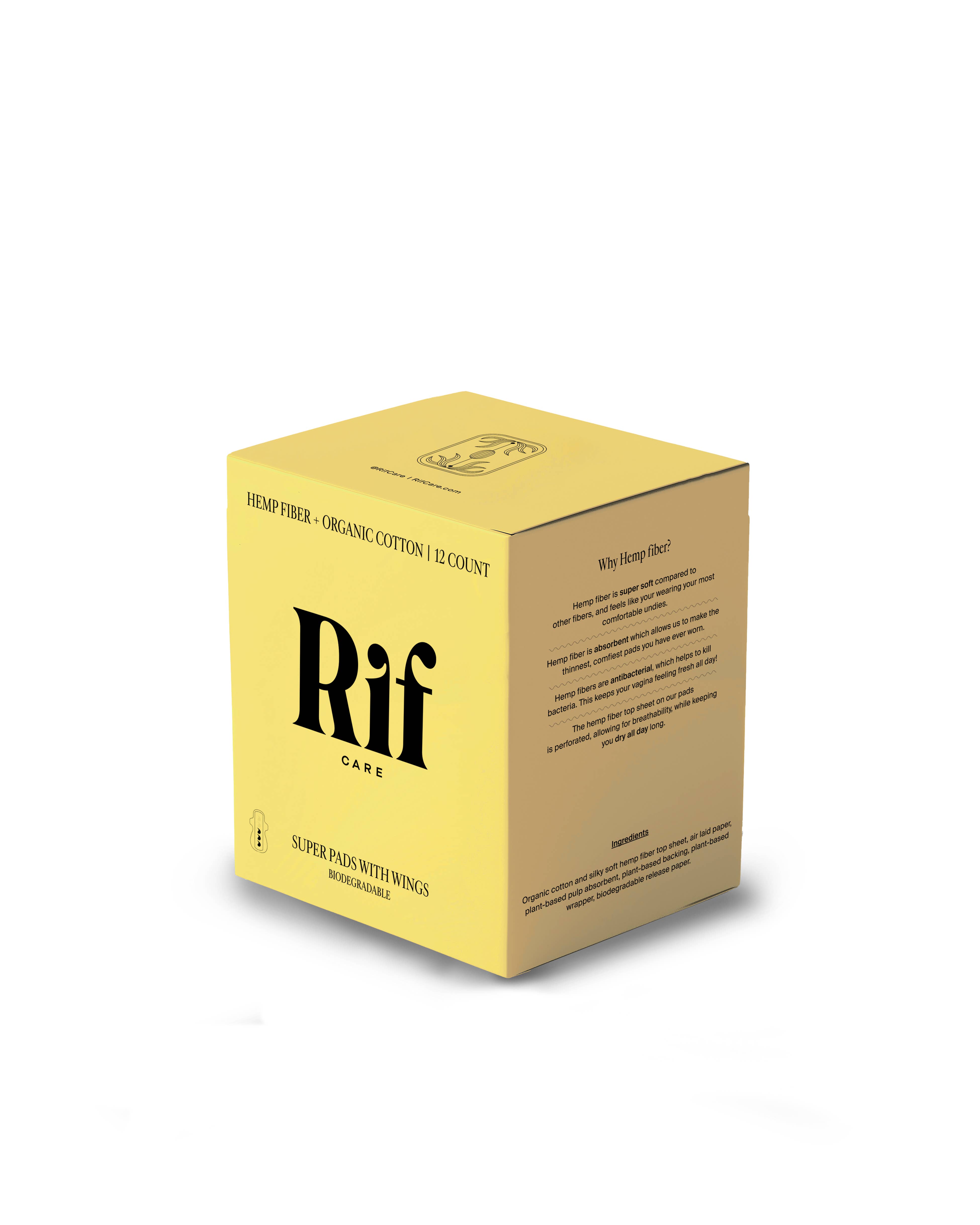 Rif Care - Wholesale Menstrual pad/liner - Super (12 ct) Organic Biodegradable Hemp Fiber Pads