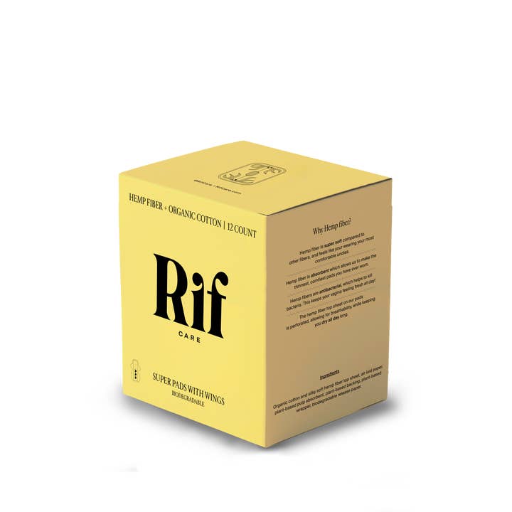 Rif Care - Wholesale Menstrual Pad/Liner - Super (12 ct) Organic Biodegradable Hemp Fiber Pads