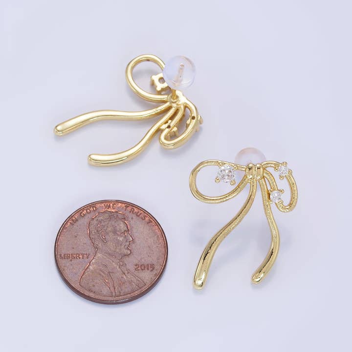 Aim Eternal - Wholesale Stud/Post Earrings - 14K Gold Filled CZ Coquette Ribbon Tied Bow Stud Earrings |