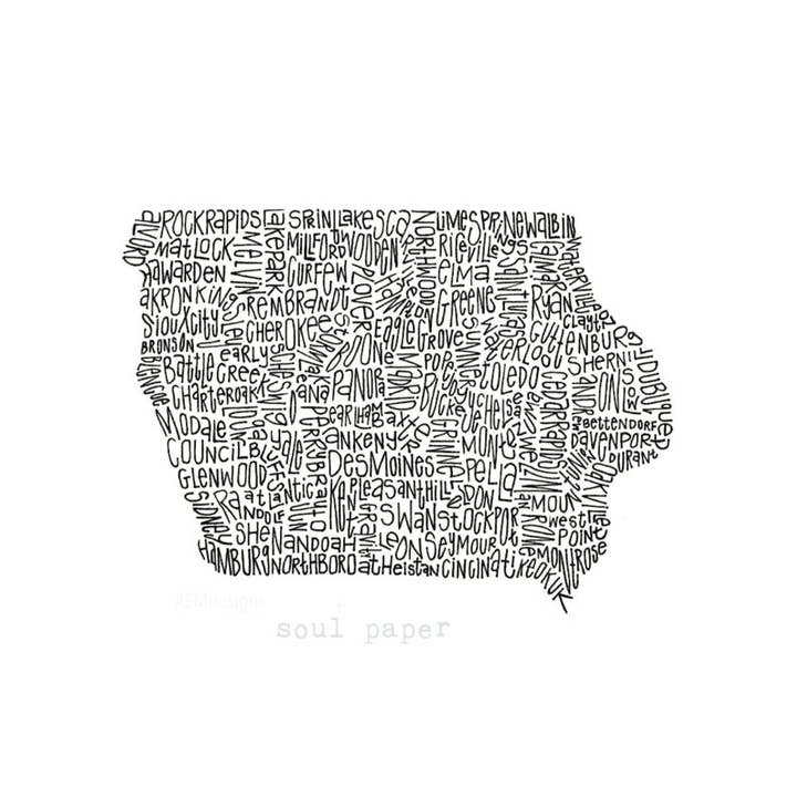Iowa Map with Indiana Cities, White Paper, Black Pen for wholesale by Soul Paper