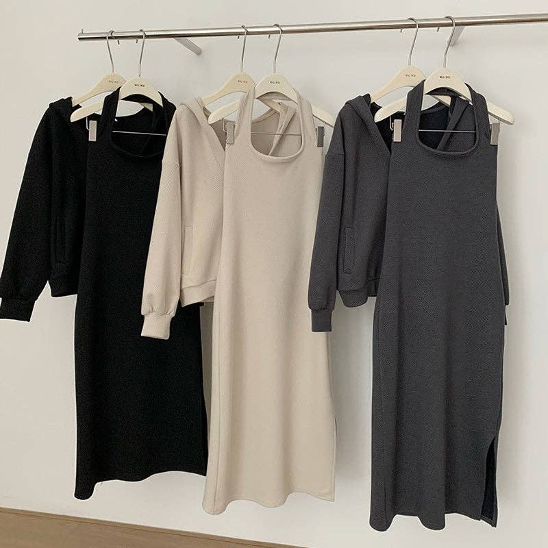 safistyle - Vente Ensemble haut et jupe - Femme - Ensemble jupe en maille à capuche deux pièces0