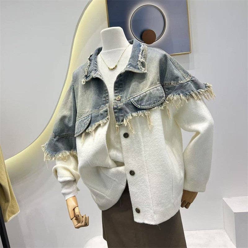 Sheer Trend - Vendita all'ingrosso Cardigan - Donna - Cappotto Cardigan Maglione Patchwork in Denim5