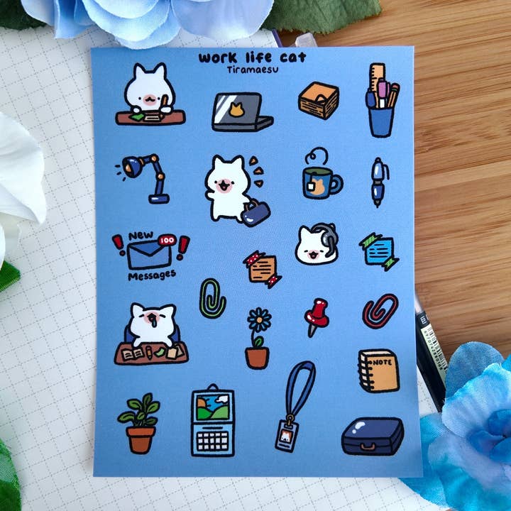 Work Life Cat Deco Sticker Sheet for wholesale by Tiramaesu