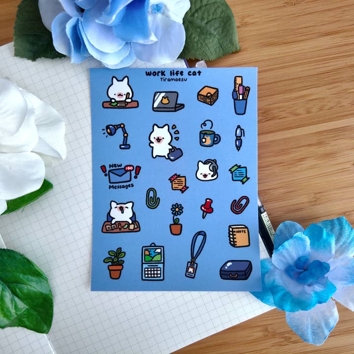 Feuille d'autocollants déco chat de travail et de vie pour la vente par Tiramaesu