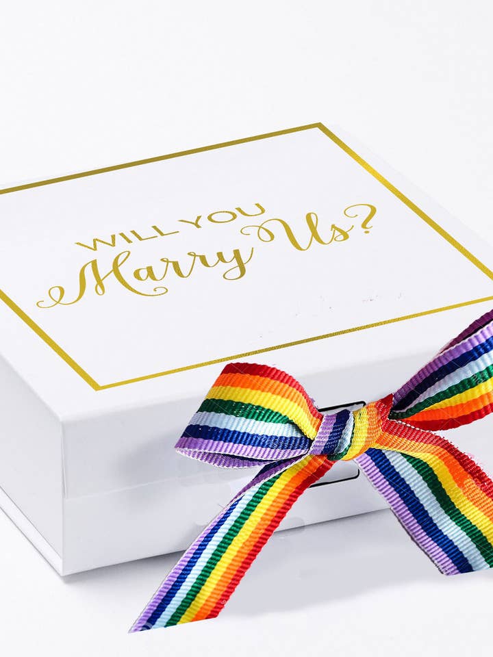 Will You Marry Us?? Proposal Box White - Border - Rainbow Ribbon for wholesale by tshirt unlimited