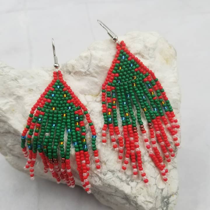 Red and Green Beaded Christmas Earrings - Handmade for wholesale by The Pretty Jewellery