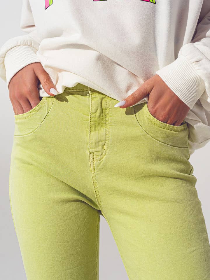 Wrinkled Skinny Jeans in Lime Green for wholesale on Faire