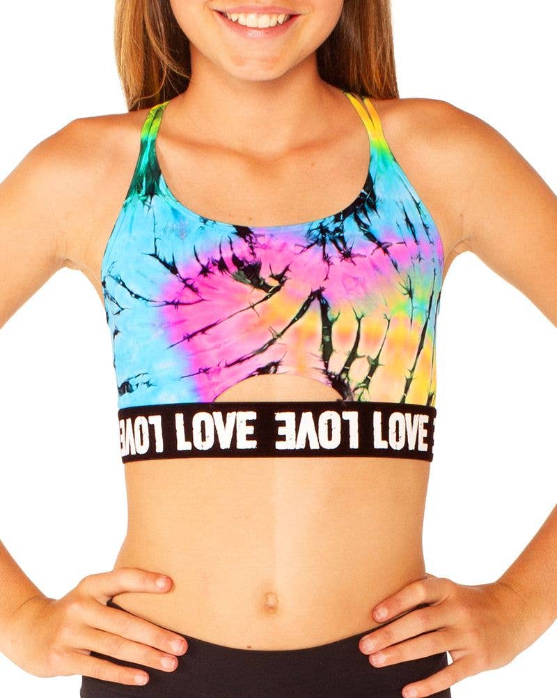 Wholesale Swirl Tie Dye Sports Bra w/ Love Elastic Band Girls One Size for  your store - Faire