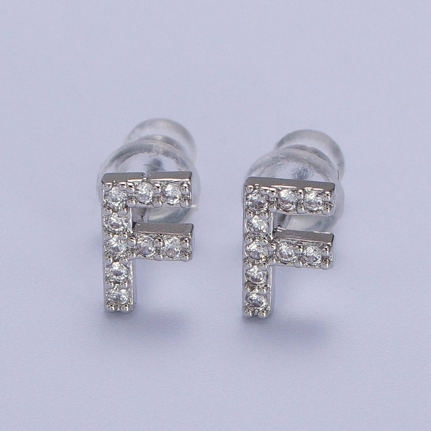 Aim Eternal - Wholesale Stud/Post Earrings - White Gold Filled Tiny Initial Letter Diamond CZ Silver Stud5