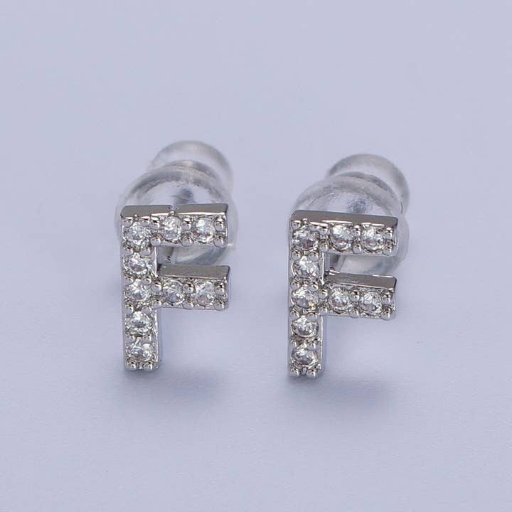 Aim Eternal - Wholesale Stud/Post Earrings - White Gold Filled Tiny Initial Letter Diamond CZ Silver Stud7