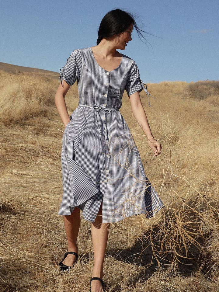 Blue Gingham Midi Dress, Summer Dress - Oppedette Dress for wholesale by Atèlette