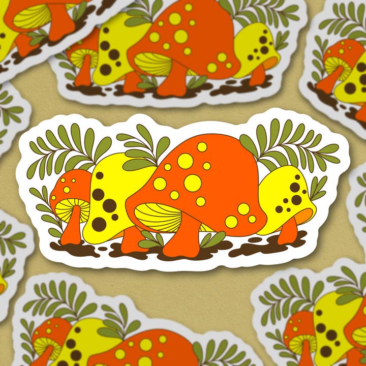 Bright Merry Shrooms, 70s vibe Sticker for wholesale by Sage and Virgo