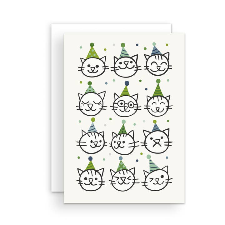 Birthday Cats (greens) Greeting Card for wholesale by The Handcrafted Story