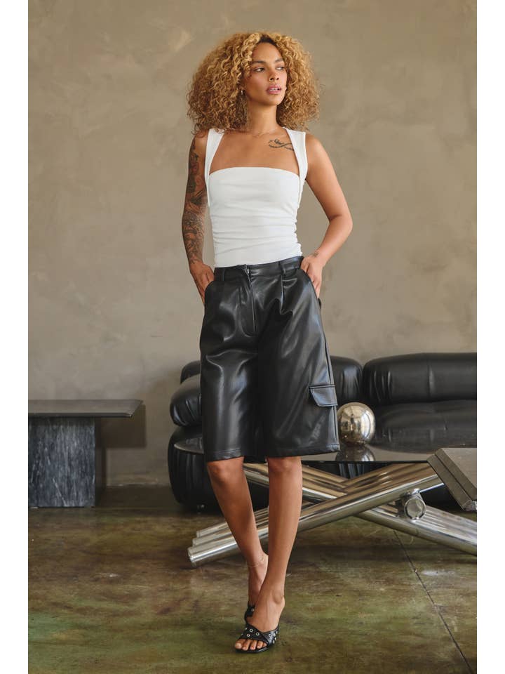 Black Pleather cargo bermuda shorts for wholesale on Faire3