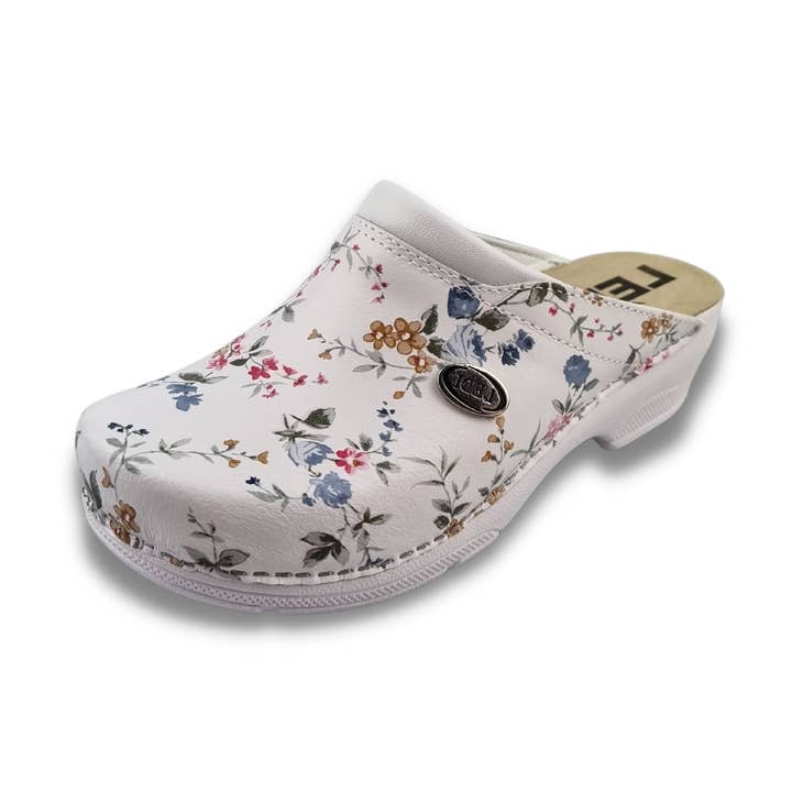 Medical Clogs With PU Sole - White With Flowers for wholesale by TRAAGOODS.COM