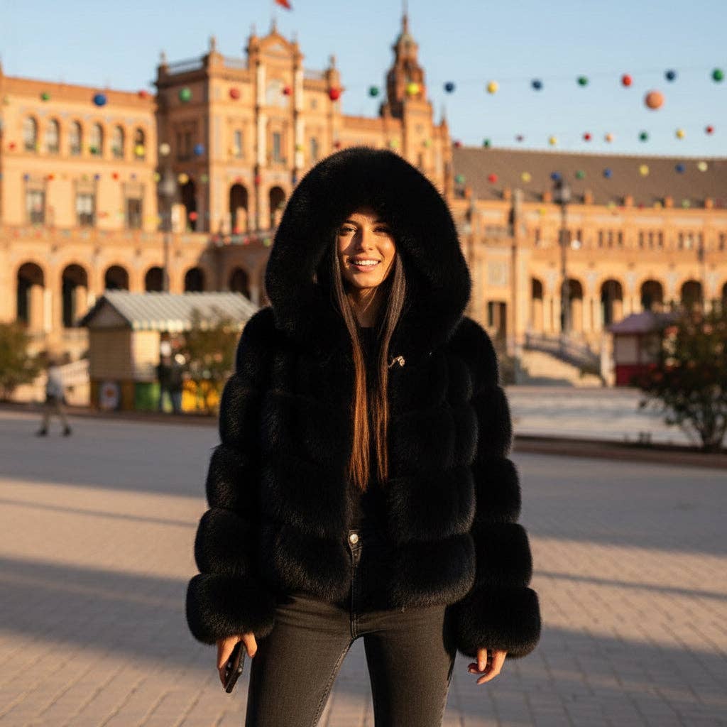 EMMA WU DESIGN – wholesale Fur/faux fur coat – Women's – EMMA WU SELECTION Short long-sleeve faux fur coat with hood2