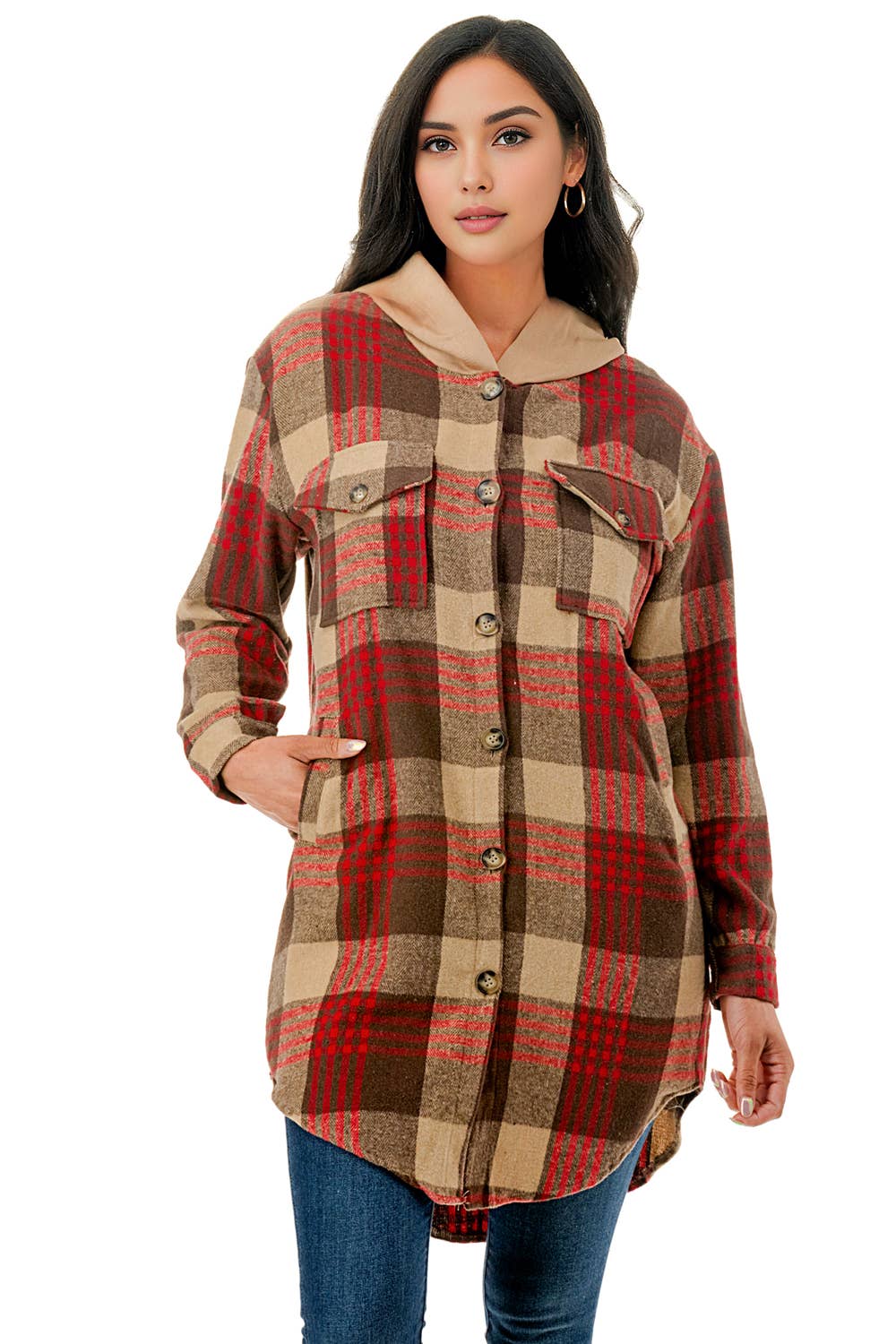 Color 5 - Wholesale Shirt Jacket/Shacket - Women's - Red beige plaid flannel long shacket with hoodie and pockets1