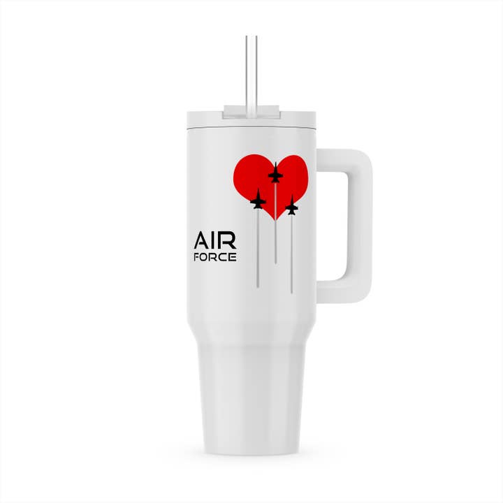 3dRose - Wholesale Insulated Mug/Tumbler - 3dRose, Red heart, three fighter planes, contrails. Text Air Force on white, Tumbler5