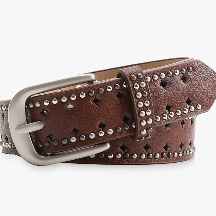 UNISHE - Wholesale Belt – Women's - Perforated Punk Double-Row Studded Leather Belt ZK36752