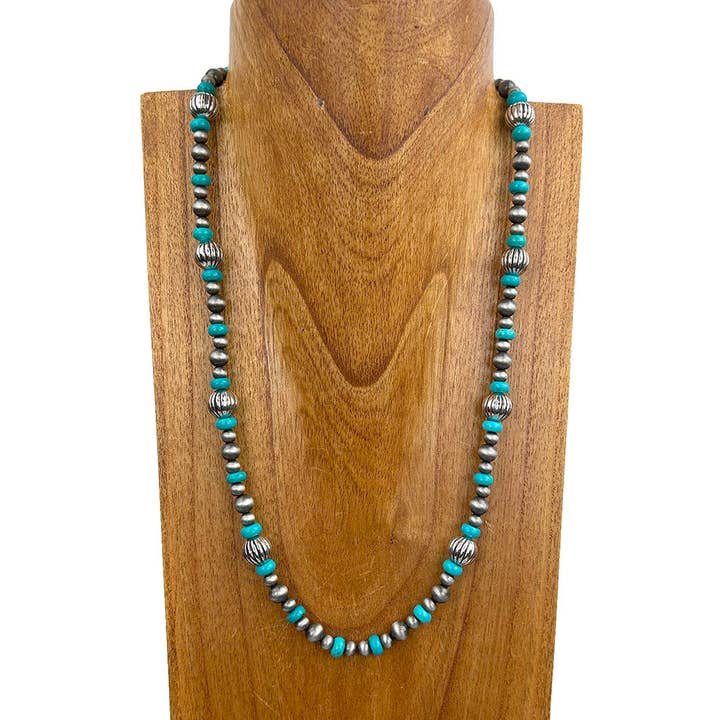 NKY250121-40 24 tommer sølv Navajo perle med blå turkis stenperler Halskæde for engroshandel hos Western Elite Jewelry