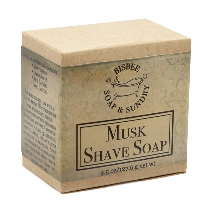 Jabón de afeitar Musk, 4.5 oz. para venta al por mayor de Bisbee Soap & Sundry