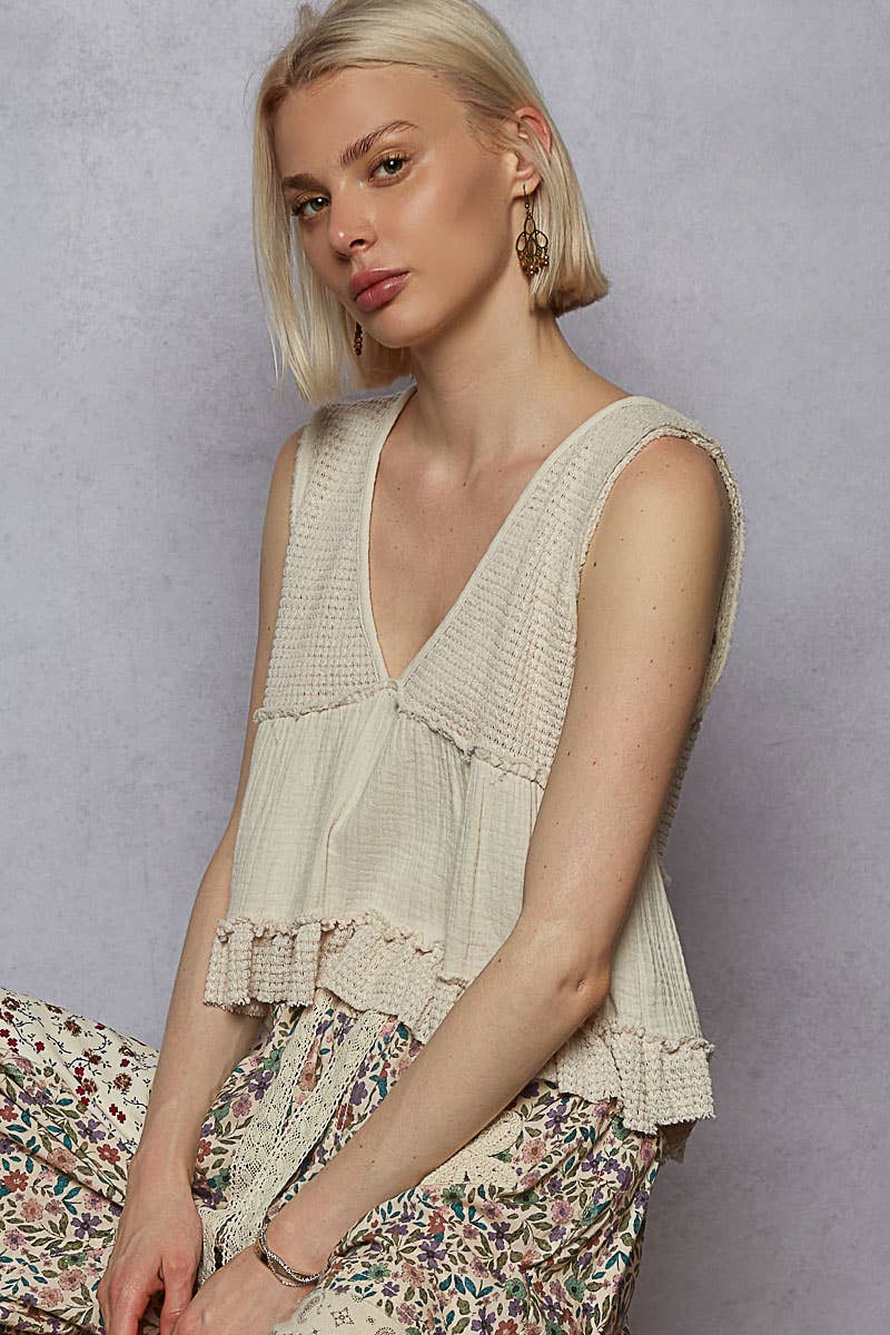 Pol Clothing - Wholesale Knit Top - Women's - Sleeveless contrast thermal cropped babydoll top SALE19