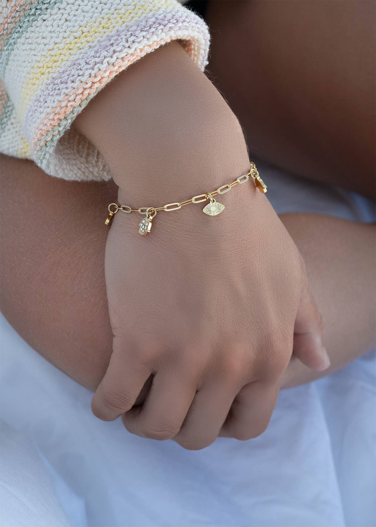 WJW - Wholesale Charm/Dangle Bracelet - 18K Gold PVD Hamsa & Evil Eye Paperclip Chain Charm Bracelet5