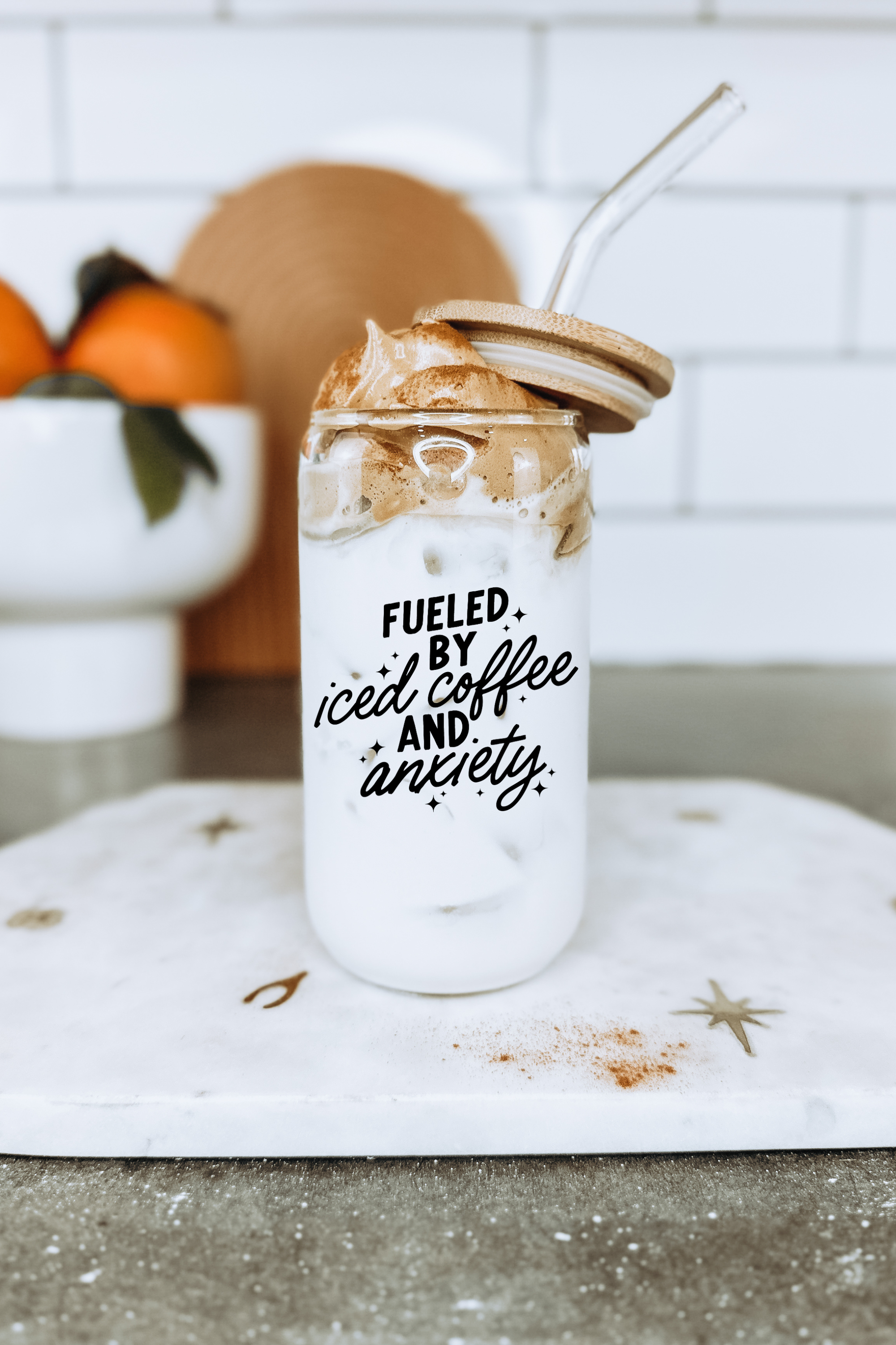 Boho + Babe - Wholesale Drinking Glass/Cup - Iced Coffee and Anxiety 16 oz Glass Cup with Bamboo Lid1