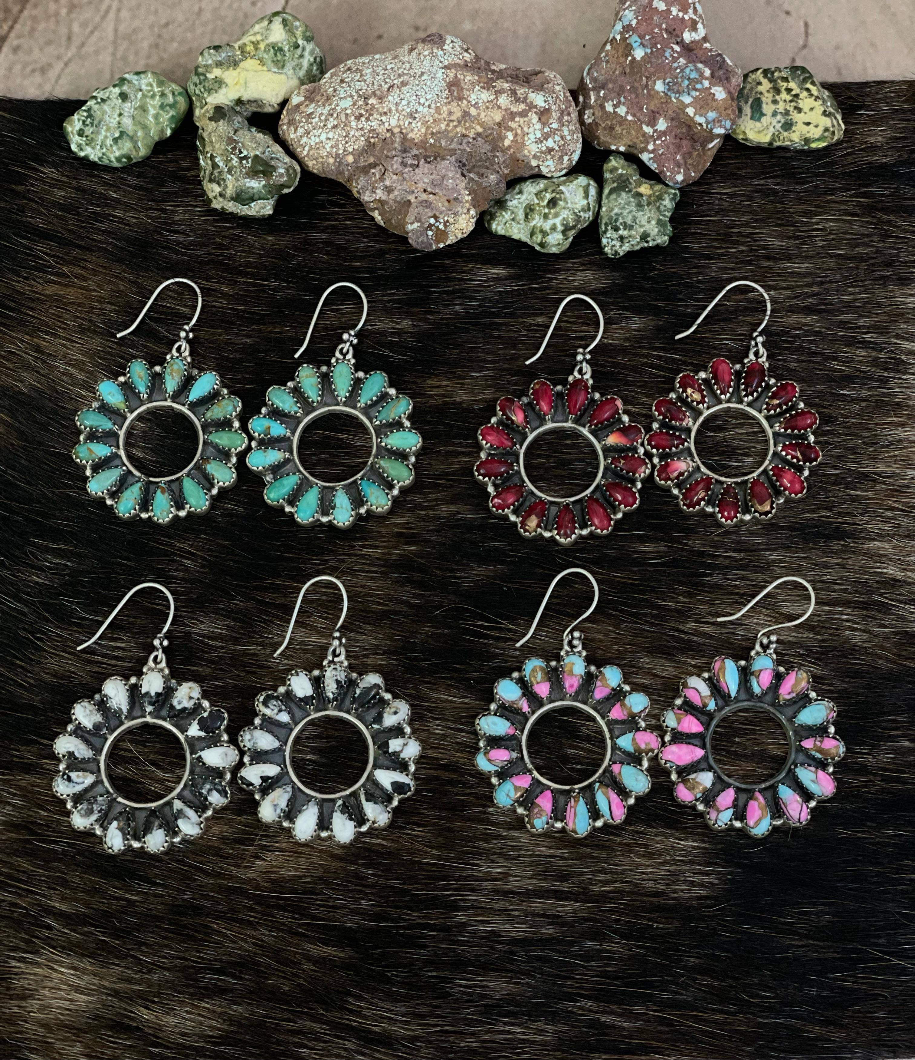 Nizhonitradersllc – wholesale Dangle earrings – Handmade Sterling Silver Cotton Candy, Red Rose Dahlia, White Buffalo, Kingman Turquoise Circle Dangle Earrings with Signed Nizhoni1