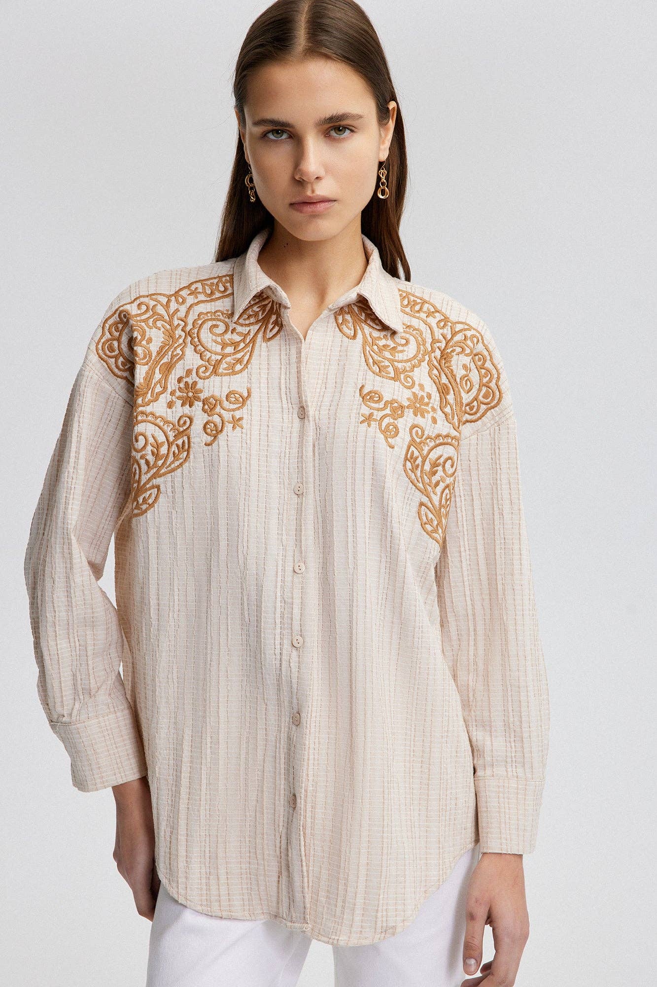 Beige NATURAL TEXTURED EMBROIDERED SHIRT for wholesale on Faire1