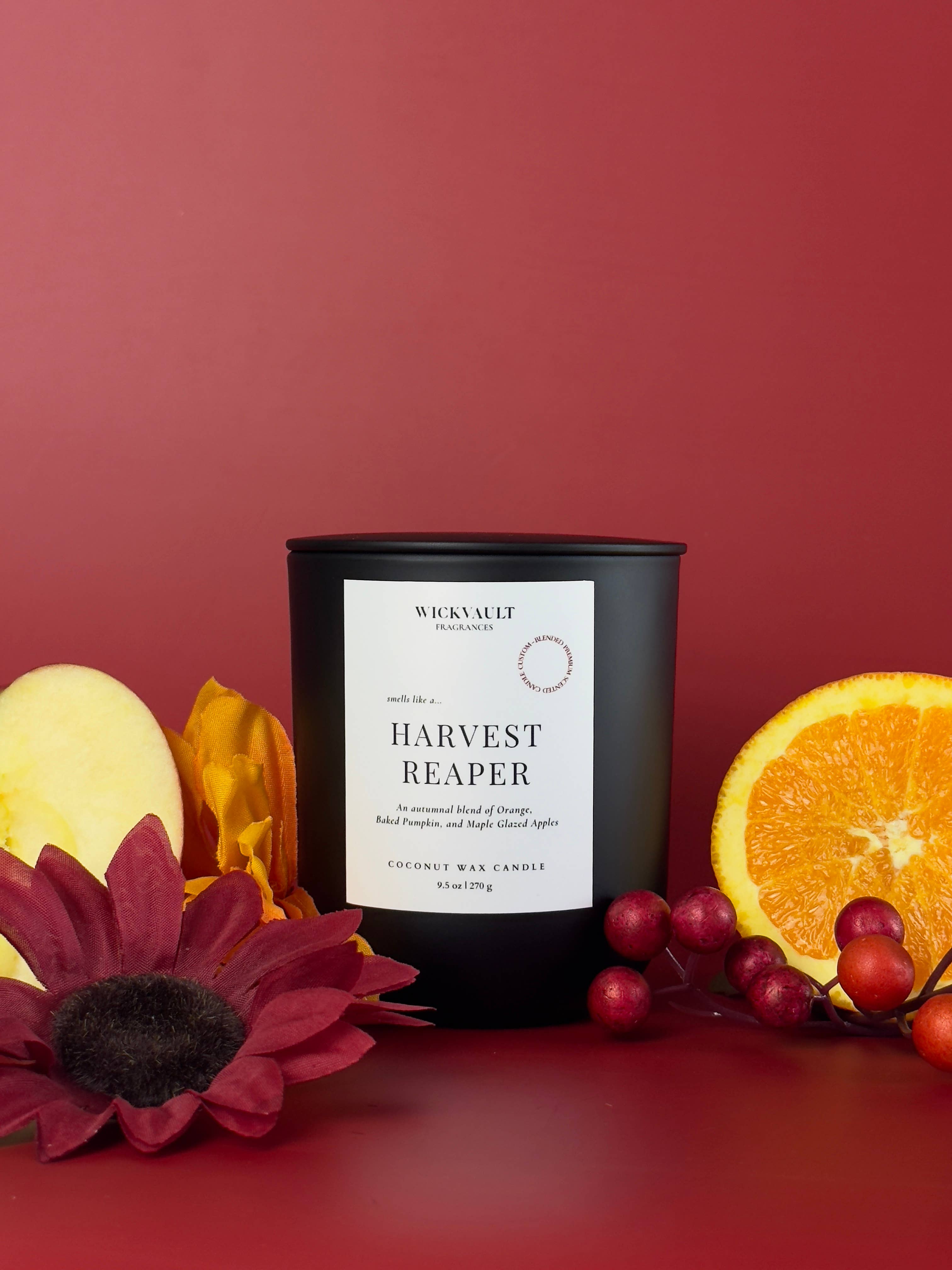 Wick Vault Fragrances - Wholesale Jar/Filled Candle - Harvest Reaper - 9.5 oz Matte Black Glass Coconut Soy Wax Candle w/ Wooden Wick1