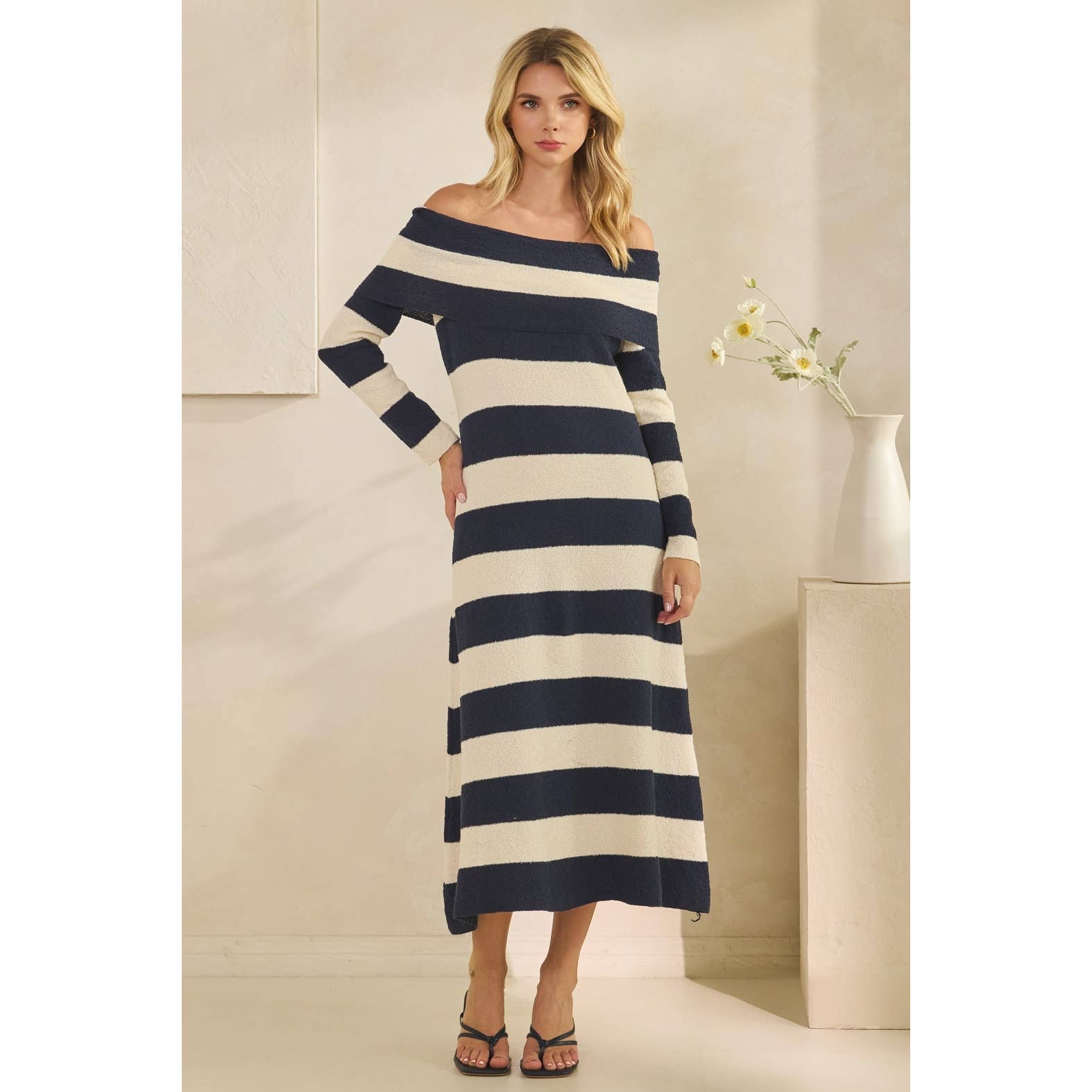 Veveret - Wholesale Dress - Women's - Texture Knit Off-Shoulder Wide Stripe Long Dress 13