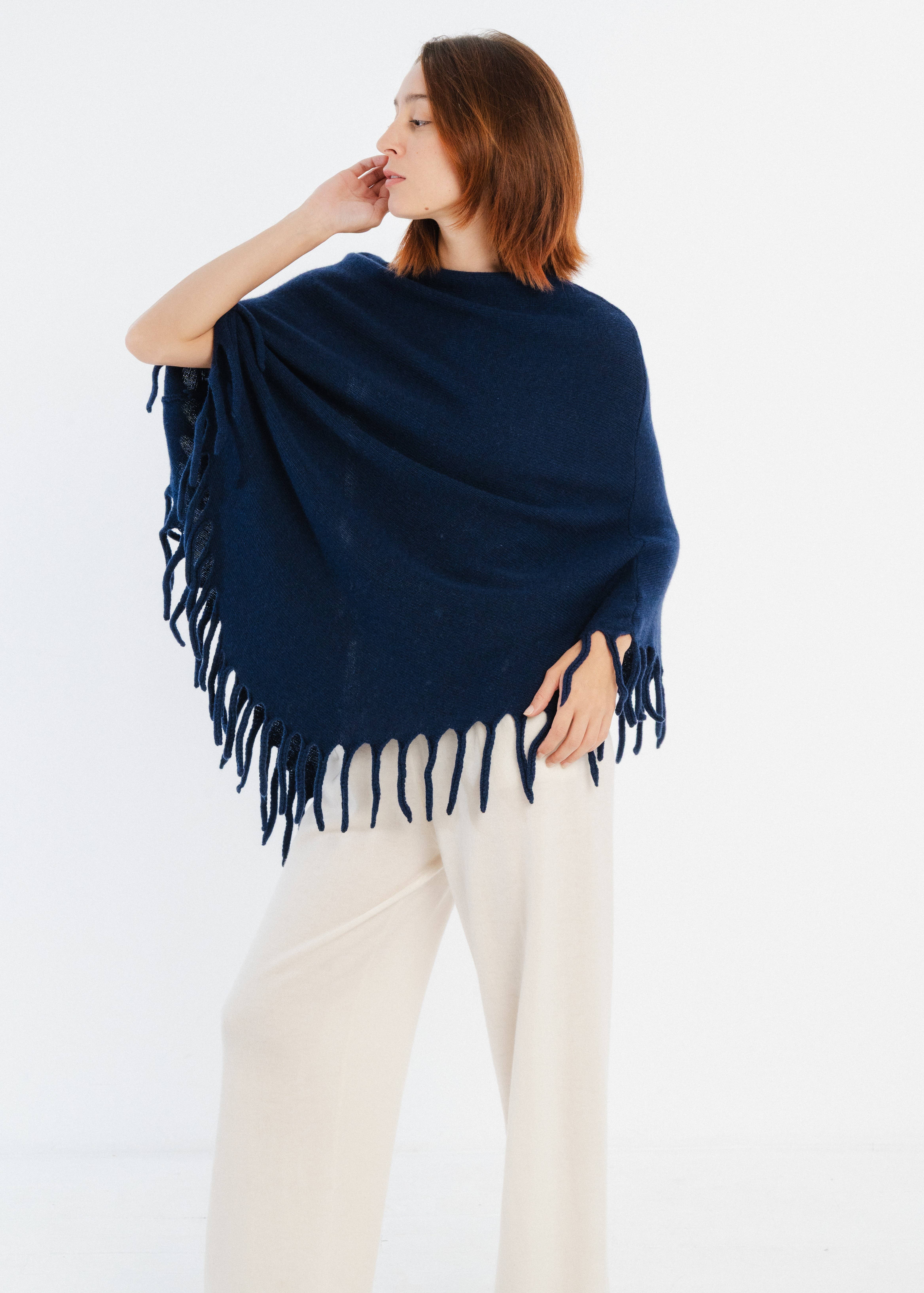 JULIA PARIS - Vente Poncho – femme - Poncho en maille laine et cachemire avec franges5