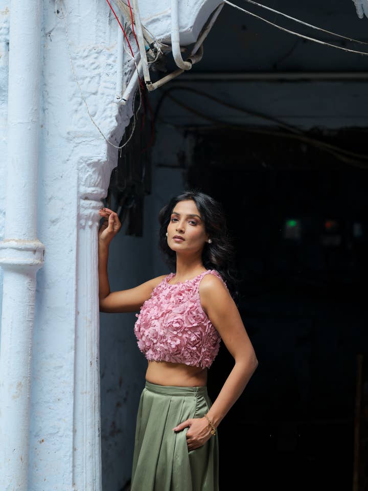 Petal Racer Lehenga Crop Top in Blush for wholesale by The Naked Laundry