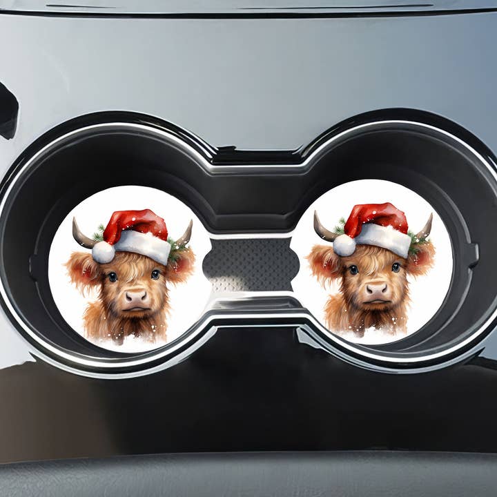 Sottobicchieri per Auto di Natale con Mucca delle Highlands - Set di 2 in Neoprene per la vendita all'ingrosso da parte di Stencil Art Canada