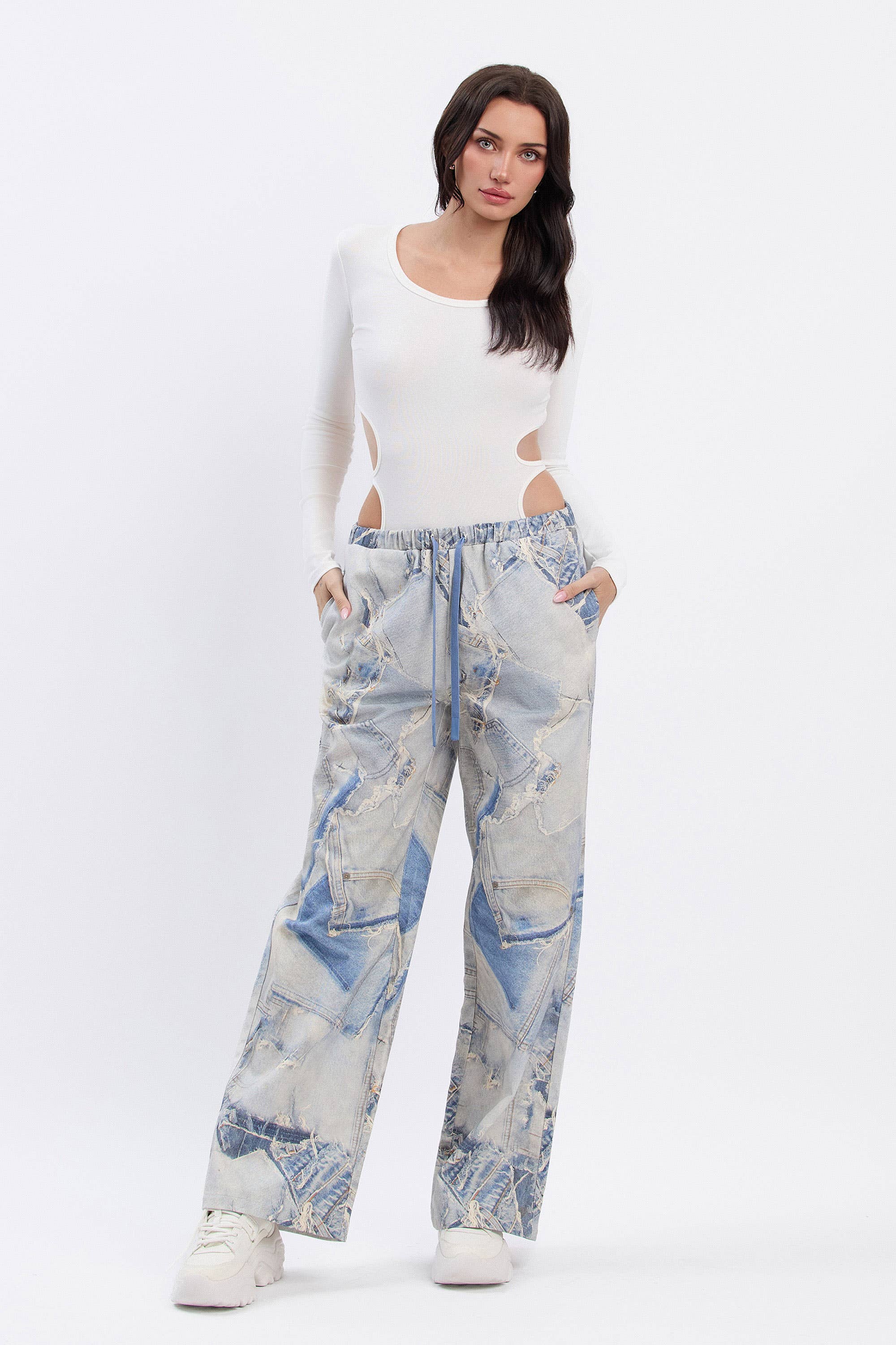 No Vacancy - Wholesale Pants - Women's - Denim print wide legged pants w/ drawstring1