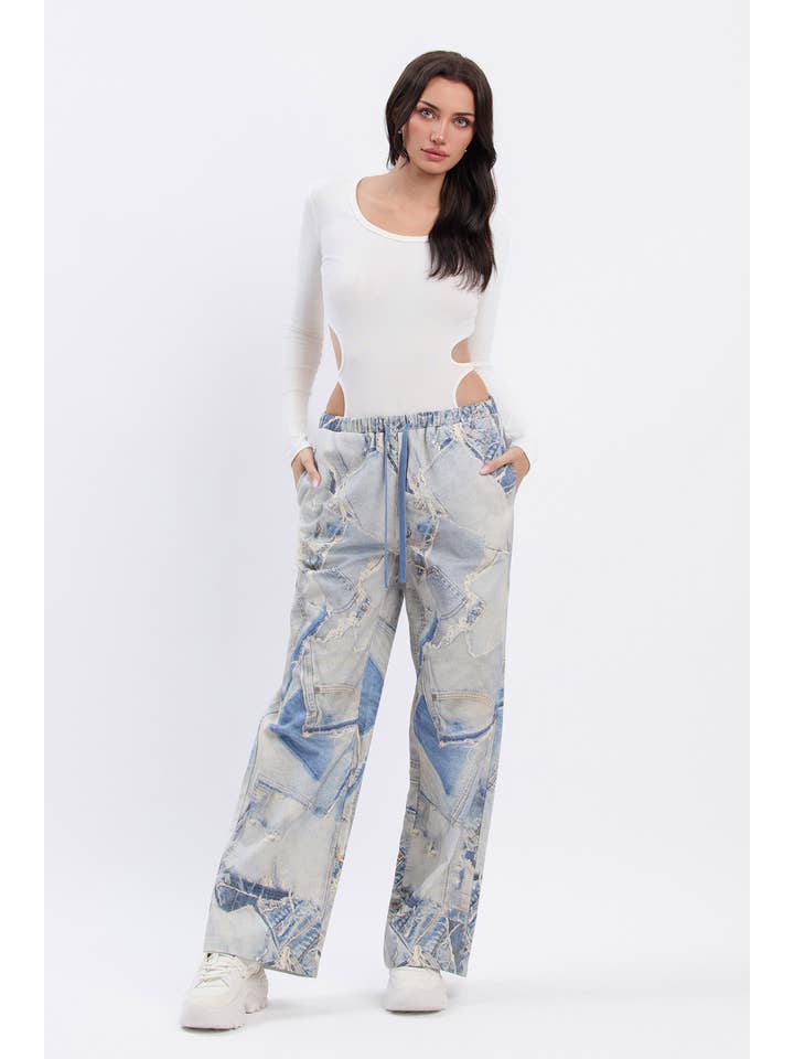 No Vacancy - Wholesale Pants - Women's - Denim print wide legged pants w/ drawstring1