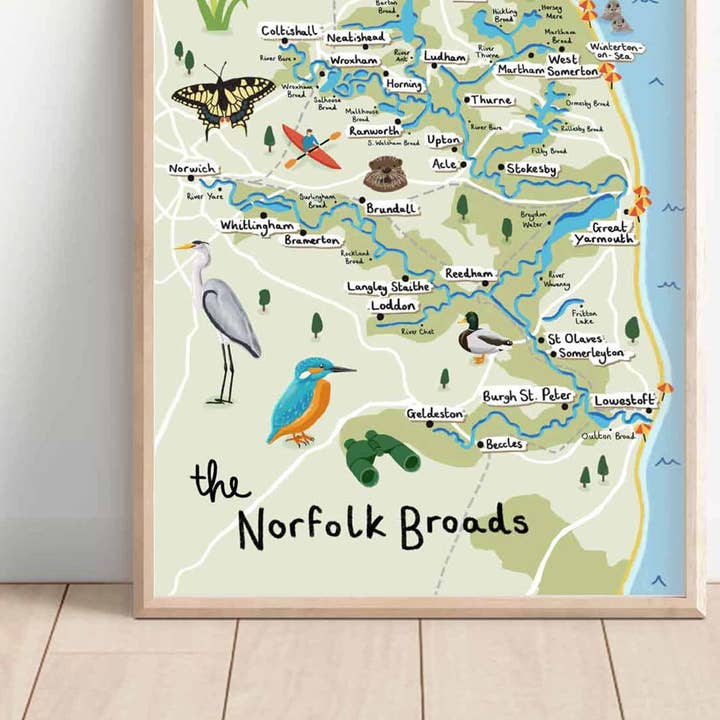 Emily Nelson – wholesale Konsttryck – Norfolk Broads Illustrerad karta Konsttryck Heminredning | A5 A42