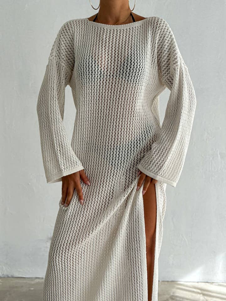 VAV NEW YORK - Wholesale Dress - Women's - Maxi Hallow Knit Dress Long Sleeve Cover-Up Open Knit Dress12