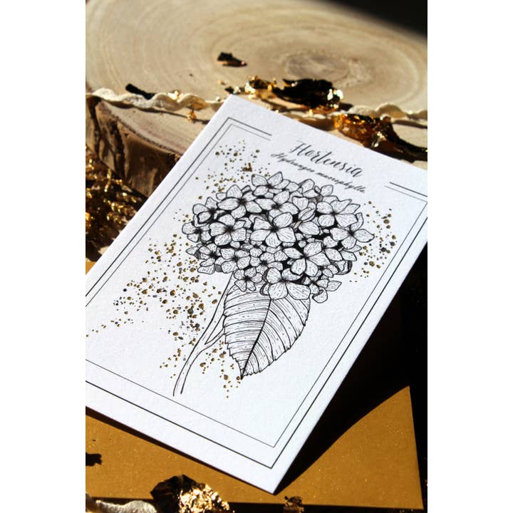 Au cœur des lunes - Vente Cartes postales - Reproduction botanique hortensia dorée et gravure3