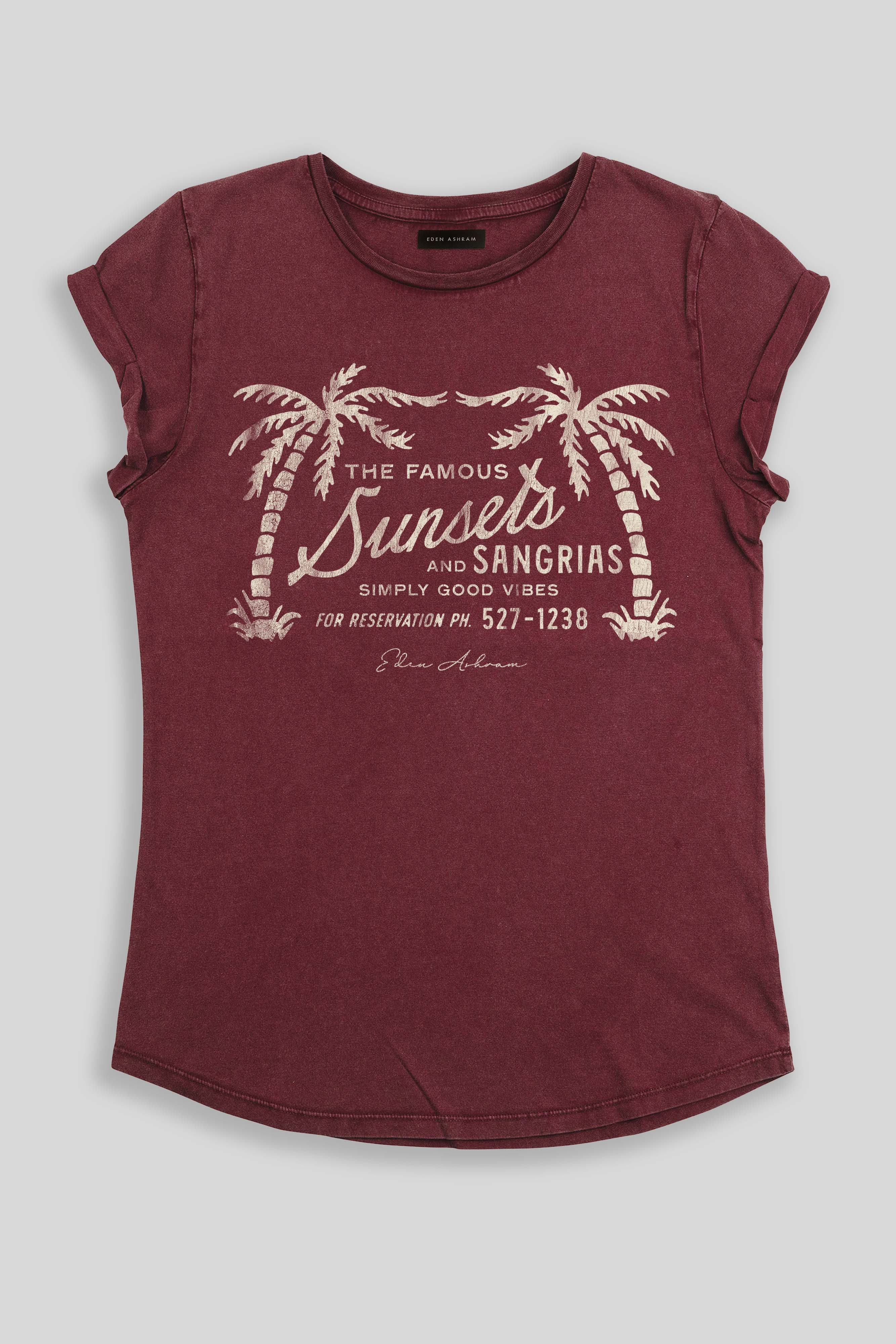 Eden Ashram – wholesale Screen printed t-shirt – Women′s – The Famous Sunsets and Sangrias Premium Rolled Sleeve T-Shirt10