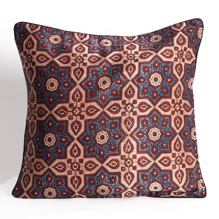 SVEZElife - Wholesale Throw Pillow Cover - Star Flower Print Mashru Silk Cushion Cover - Off white blue